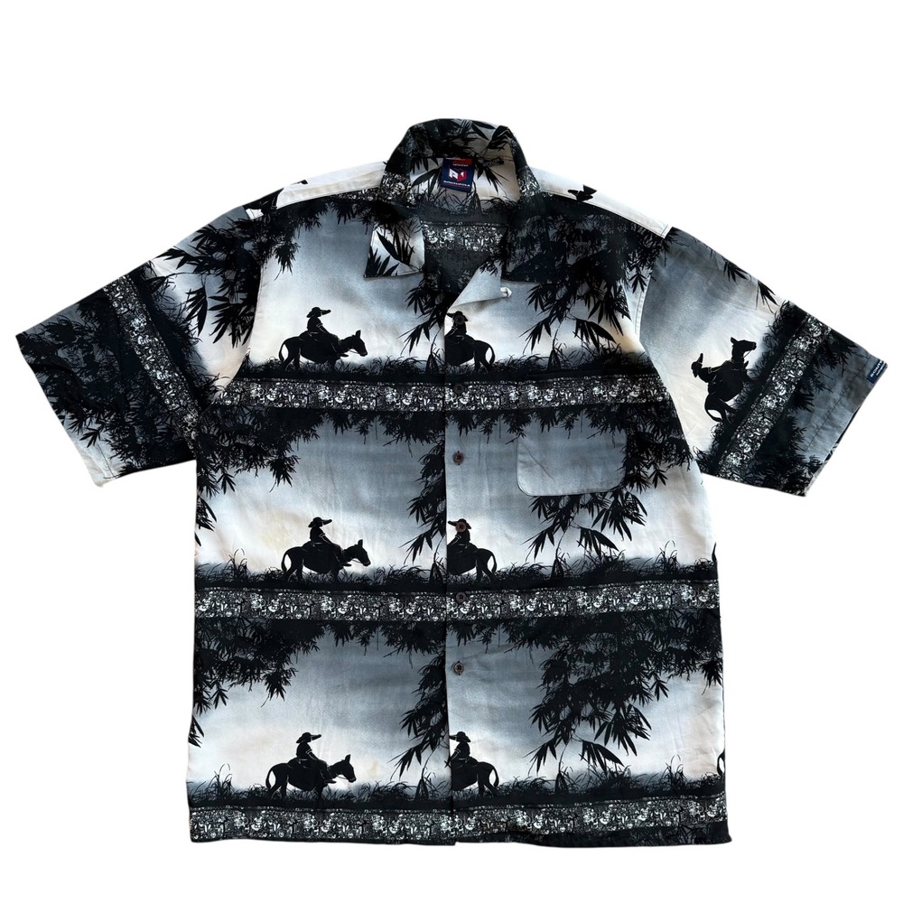Southpole Mens‎ XL Grey Black Mule Bamboo Print Short Sleeve Button Up Shirt Y2K